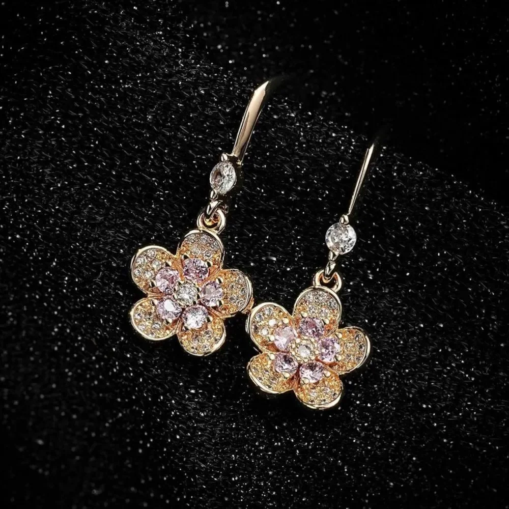 14K Yellow Gold with Pink Sapphire and Diamond Austrian Crystal Flower Earrings
